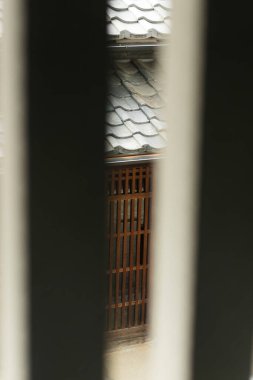 Tahtaların arasından tahta yapıyı ve kiremitli çatıyı göster