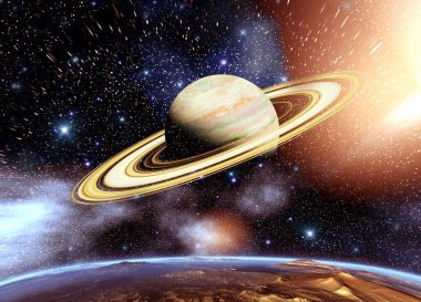 Evrendeki uzay gezegenleri ve galaksiler.