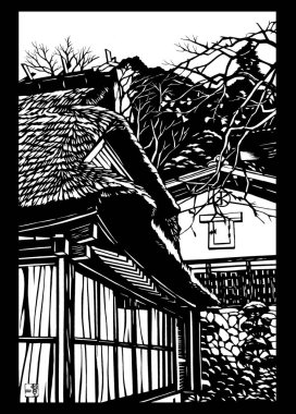 Asyalı kır evinin siyah beyaz çizimi