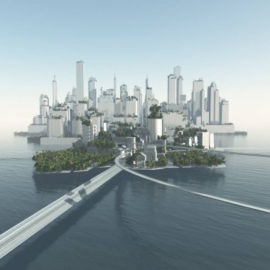 Gökdelenleri ve nehri olan şehir manzarası