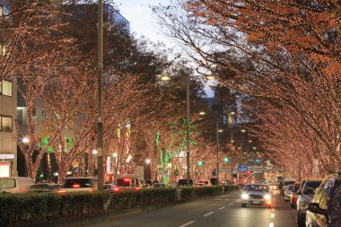 Noel süslerinin ve çelenklerin güzel manzarası gece şehrinde ağaçlarda                    