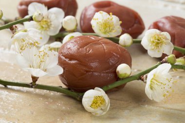 tasty Japanese  food  Umeboshi,  plums and sakura flowers clipart