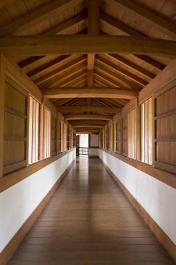 Açığa çıkmış kirişler ve doğal ışıklandırmayla dolu uzun ahşap koridor.