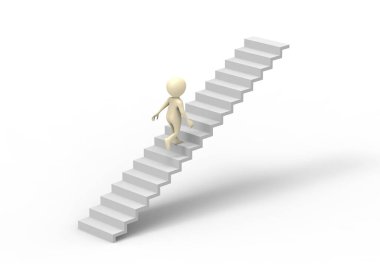 Merdivenlerde yürüyen beyaz karakterin 3D çizimi