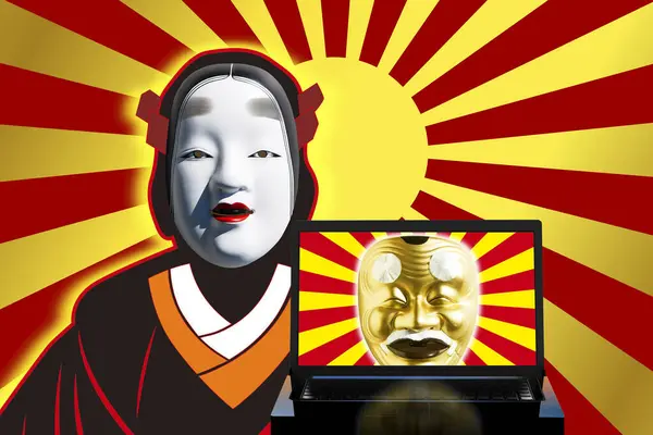 Imagem Colagem Digital Com Máscara Teatro Tradicional Japonês — Fotografia de Stock