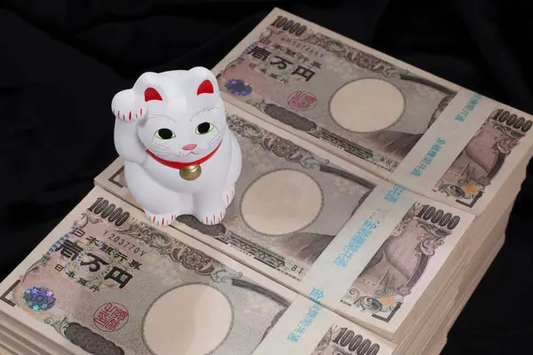 Notas Iene Japonesas Gato Maneki Neko Simbolizando Sorte Riqueza — Fotografia de Stock