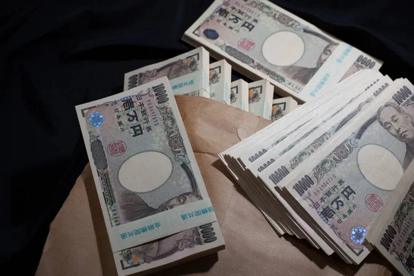 Японская Валюта Куча Иен Бумажном Пакете — стоковое фото