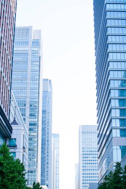 Şehirde yeşil ağaçları olan modern bir bina. 