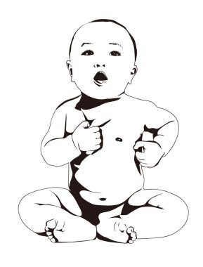 Bir bebek oturuyor ve tek eliyle ve açık ağzıyla işaret ediyor, basit bir siyah beyaz çizgi çiziyor..