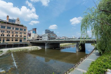 Köprü ve binalarla şehir nehir manzarası