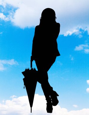 siyah siluet şemsiyeli kadın çizimi