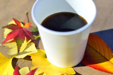 Güzel bir sonbahar parkında bir fincan çay, yakın.