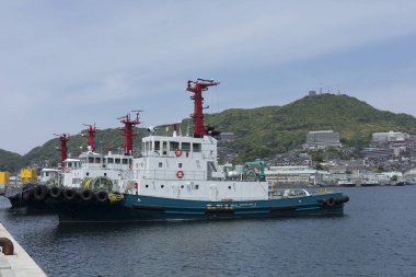 Römorkörler limana yanaştı ve yeşil tepeler var.