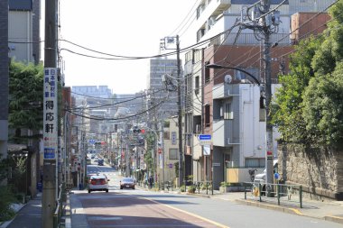 Tokyo, Japonya 'da yeşil ağaçları olan güzel bir şehir caddesi. 
