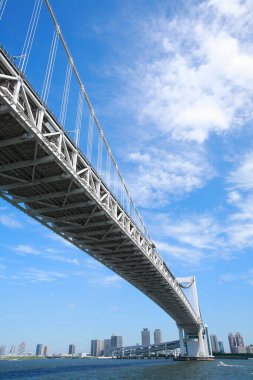 Düşük açılı Tokyo gökkuşağı köprüsü ve şehrin ufuk çizgisi                   