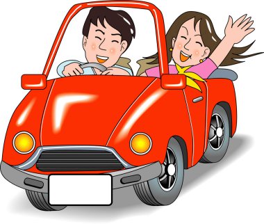 Kırmızı arabadaki mutlu çift çizgi filmi. 