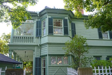 Ağaçlar ve beyaz çitlerle çevrili yeşil bir ev.