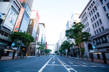 Şehir caddesinde ağaçları olan modern binalar. 