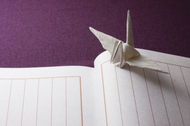 blank guest book pages and handmade paper crane, traditional Japanese origami toy