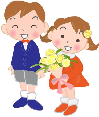 Gülümseyen oğlan ve kız ellerinde sarı çiçekler