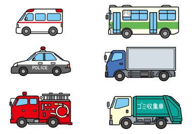 Ambulans, otobüs, polis arabası, kamyon, itfaiye ve çöp kamyonu dahil altı ortak araç.