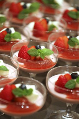 Lezzetli tatlıların yakın görüntüsü ve bardakta böğürtlen.