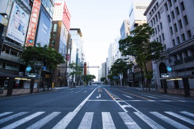 Şehir caddesinde ağaçları olan modern binalar. 