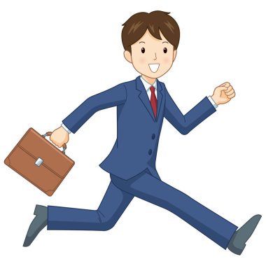 Mavi takım elbiseli bir erkeğin dijital grafiği evrak çantası taşıyor ve mutlu bir şekilde koşuyor..