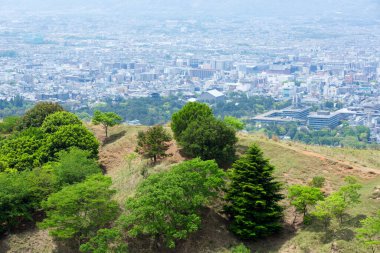 Şehrin havadan görünüşü ve tepedeki yeşil ağaçlar