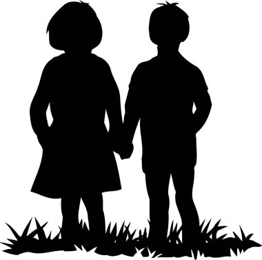 Kız ve erkek çim tarlasında birlikte duruyor, beyaz arka planda izole edilmiş basit siyah ve beyaz çizimler.