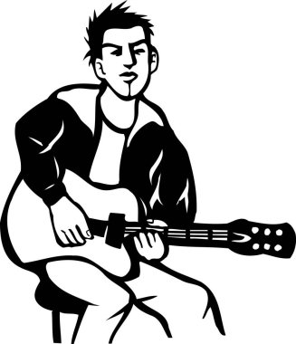 Beyaz arka planda gitar çalan genç müzisyen