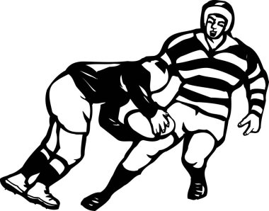 Rugby oynayan sporcular, beyaz arka planda izole edilmiş siyah beyaz çizimler.