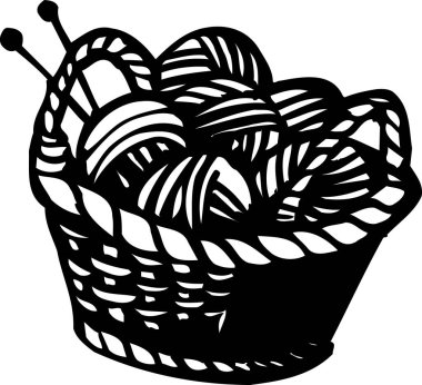 Hasır sepetin içindeki iplikler, beyaz arkaplanda izole edilmiş siyah beyaz çizimler