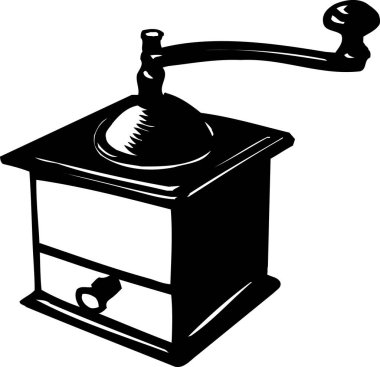 Kahve öğütücü simgesi, beyaz arkaplanda izole edilmiş siyah beyaz çizim