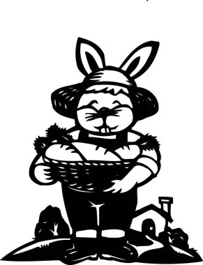 Sepette yiyecek olan tavşan, beyaz arka planda izole edilmiş siyah beyaz çizimler.