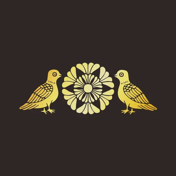 Набор Золотых Птиц Золотым Цветком Черном Фоне — стоковое фото