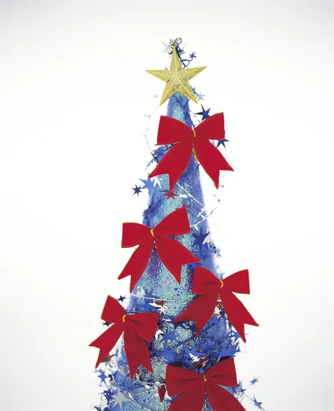 Blue Christmas Tree Red Bows White Background — Stock Photo, Image