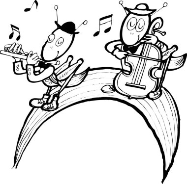 Karınca müzisyenleri, beyaz arka planda izole edilmiş basit siyah beyaz çizimler