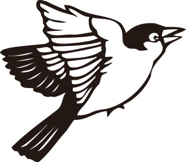 Beyaz arkaplanda izole edilmiş kuşun siyah ve beyaz çizimi