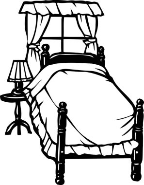 Yatağın yanında lamba ve penceresi olan eski ahşap bir yatak tasviri