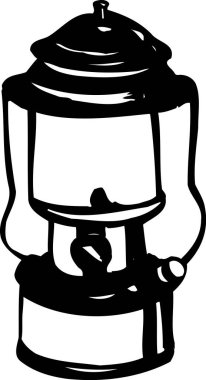 Eski moda kamp feneri, beyaz arka planda izole edilmiş siyah beyaz çizimler.