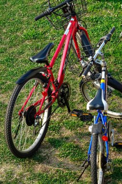 Parktaki renkli bisikletli çocuklara yakın çekim