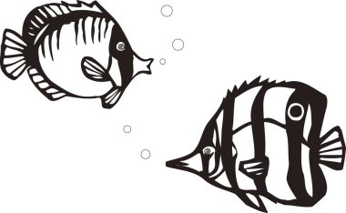 Yüzen iki komik balığın siyah beyaz çizimleri.