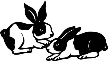 Beyaz arkaplanda izole edilmiş iki tavşan simgesi, basit siyah beyaz çizim