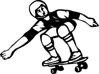 Kadın kaykaycının siyah beyaz çizimi, basit bir stil. 