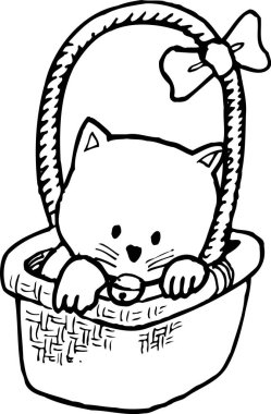 Beyaz arka planda sepetteki küçük şirin kedi çizgi filminin bir çizimi