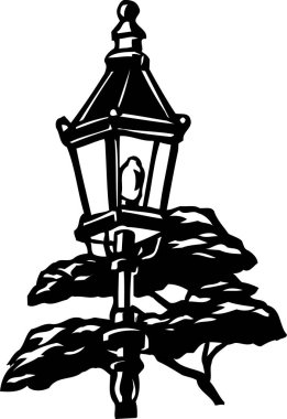 Bir fenerin silueti ve beyaz arka planda bir ağaç