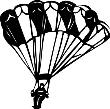 Paraşütlü adam, beyaz arka planda izole edilmiş basit siyah beyaz çizim.
