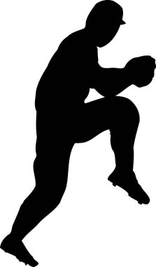 Beyzbol oynayan bir adamın silueti, beyaz arka planda izole edilmiş siyah beyaz bir resim.