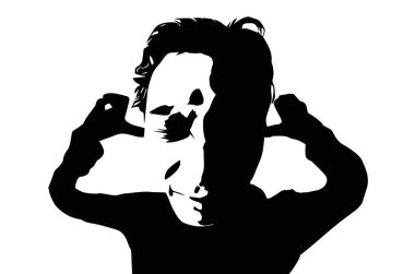 Yüksek kontrastlı şablon ya da elleri kulaklarını kapatan bir adamın ahşap kesim portresi..